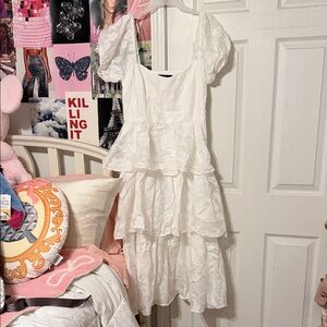 Lulu’s Mesmerizing Sweetheart Ivory Jacquard Puff Sleeve Midi Dress